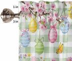 Happy Easter Half Window Curtains 24 Inches Long, Spring Bunny Eggs Flower Sage Green Plaid Window Treatment Curtain Drapes, Short Curtains Tiers for Kitchen Over Sink, 27.5"x24", 2 Panels