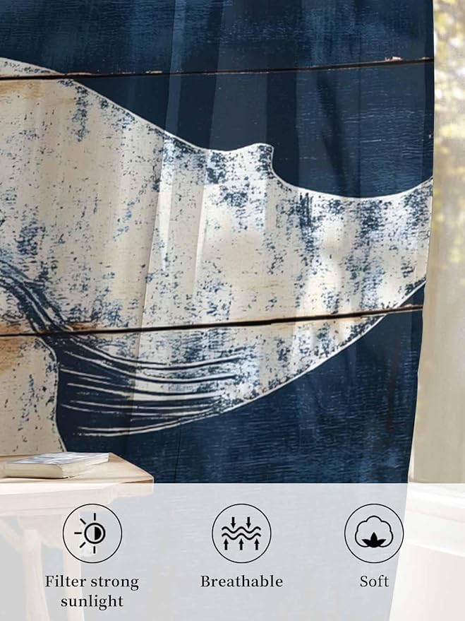 Sheer Curtains 108 Inches Long, Ocean Whale Blue Semi Sheer Curtains Light Filtering Window Treatment, Coastal Vintage Wooden Grain Privacy Voile Drapes for Living Room Bedroom 52x108 Inch