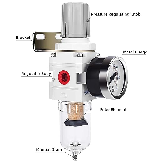 NANPU 1/4" NPT Compressed Air Filter Regulator Combo Piggyback, 5 Micron Brass Element, Poly Bowl, Semi-Auto Drain, Metal Bracket, 0-150 psi Gauge