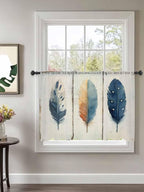Sheer Curtains 45 Inch Length, Blue Brown Feathers Semi Sheer Curtains Light Filtering Window Treatment, Boho Ombre Vintage Wooden Grain Privacy Voile Drapes for Living Room Bedroom 52x45 Inch