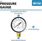 Pool Filter Pressure Gauge - Premium Spa/Pool/Aquarium Water Pressure Gauge by Aquatix Pro, 2" Dial, 0-100 Psi, Bottom Mount 1/4", Compatible with Most Brands Such as Hayward, Pentair & Jandy