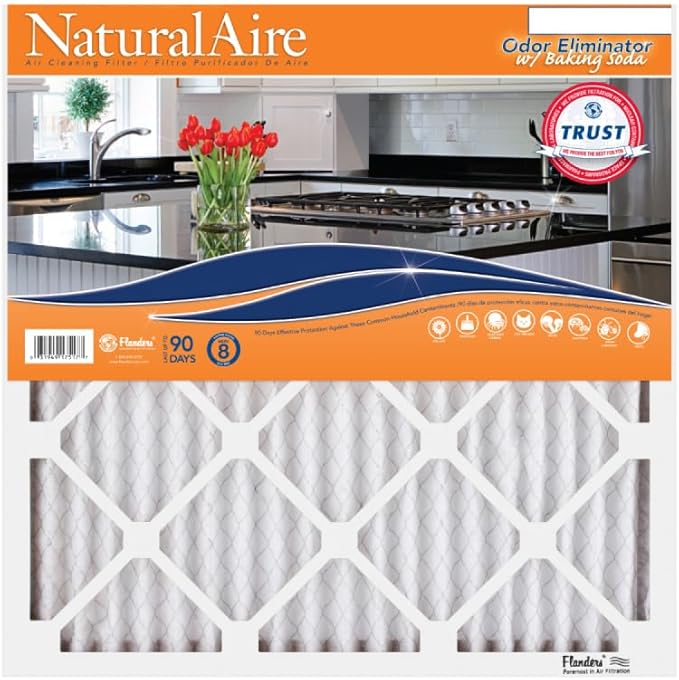 NaturalAire 16x20x1 Pleated Air Filter - Odor Eliminator with Baking Soda, 4-Pack of MERV 8. Controls Household Odors and Traps Harmful Airborne Particles, Lasting Up To 90 Days. 84857.011620