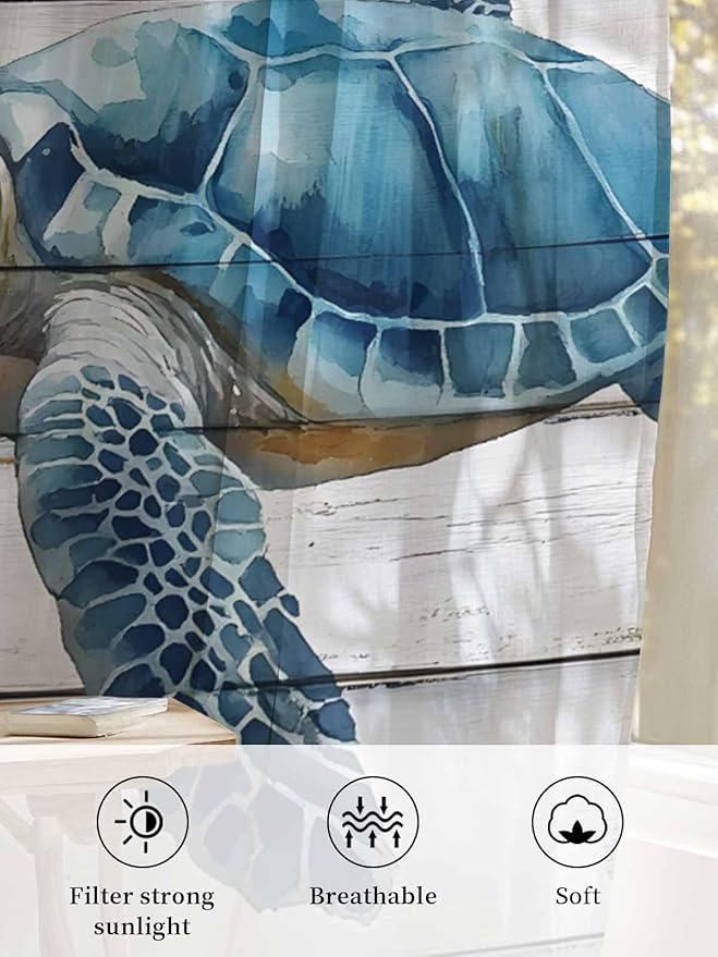 Sheer Curtains 54 Inch Length, Sea Turtle Blue Semi Sheer Curtains Light Filtering Window Treatment, Coastal Ocean Seaweed Wood Grain Privacy Voile Drapes for Living Room Bedroom 52x54 Inch