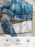 Sheer Curtains 84 Inches Long, Sea Turtle Blue Semi Sheer Curtains Light Filtering Window Treatment, Coastal Ocean Seaweed Wood Grain Privacy Voile Drapes for Living Room Bedroom 52x84 Inch
