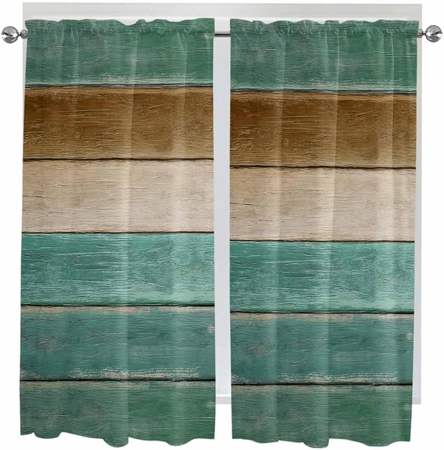 Vintage Plank Turquoise Brown Window Valance Curtains, Farmhouse Wood Grain Light Filtering Kitchen Valance with 3-inch Rod Pocket for Living Room Bathroom Bedroom,2 Panel,52x72In