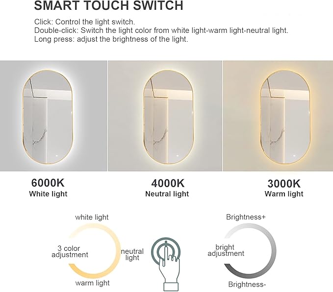 Oval LED Illuminated Bathroom Mirror, Wall-mounted Vanity Makeup Mirror with Demister Pad, 3 Dimmable Color Temperatures & Touch Control, Metal Frame Anti-Fog Lighted Wall Mirror ( Color : Rose Gold F