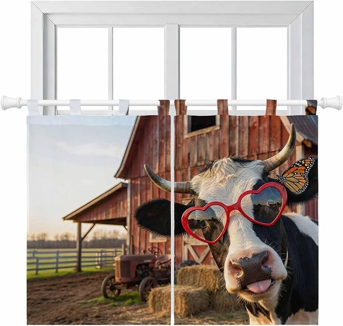 Farm Cows Kitchen Curtains 45 Inch Length, Short Cafe Window Curtains Tab Top, Farmhouse Barn Funny Animals Butterfly Light Filtering Window Treatments Tier Drapes 27.5"x45" 2 Panel