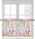 Happy Easter Half Window Curtains 24 Inches Long, Spring Watercolor Bunny Eggs Flower Grey Plaid Window Treatment Curtain Drapes, Short Curtains Tiers for Kitchen Over Sink, 27.5"x24", 2 Panels