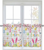 Happy Easter Half Window Curtain 36 Inches Long, Spring Watercolor Bunny Eggs Flower Grey Plaid Window Treatment Curtain Drapes, Small Tier Curtains for Bathroom Over Sink, 27.5"x36", 2 Panels