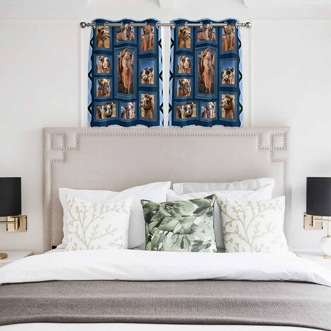 2 Panel Kitchen Cafe Curtains, Desert Camels Sunlight Filtering Nature Air Through, Home Decor Window Covering Tier Curtains for Bedroom Living Room Wildlife Brown Animals Blue Geometric