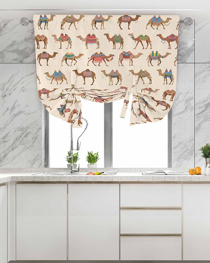 Tie Up Curtains for Windows, Summer Camels Adjustable Balloon Nature Linen Textured Kitchen Curtain, Farmhouse Retro Cartoon Desert Animals Thermal Insulated Curtains for Window, 42" x 54"