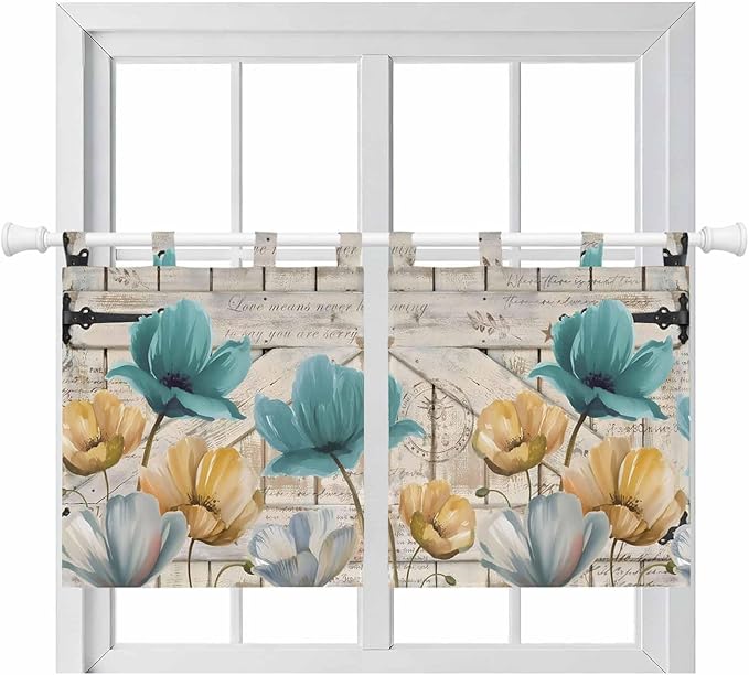 Watercolor Flowers Kitchen Curtains 36 Inch Length, Small Window Curtains Tab Top, Vintage Tulips Floral Barn Doors Wood Grain Light Filtering Short Window Treatments Tier Drapes 27.5"x36" 2 Panel