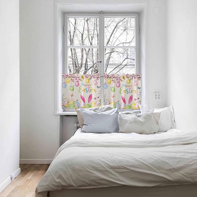 Happy Easter Half Window Curtain 36 Inches Long, Spring Farmhouse Bunny Eggs Flower Beige Window Treatment Curtain Drapes, Small Tier Curtains for Bathroom Over Sink, 27.5"x36", 2 Panels