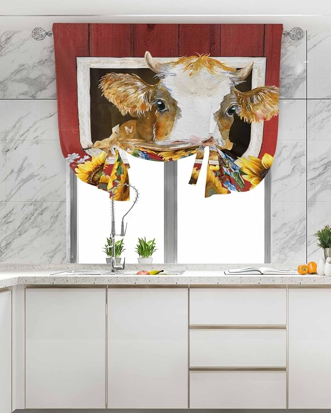 Tie Up Curtains for Windows, Cows Sunflowers Adjustable Balloon Nature Linen Textured Kitchen Curtain, Spring Floral Bees Farmhouse Barn Tie Up Light Filtering Curtains for Decor, 34 x 45 in