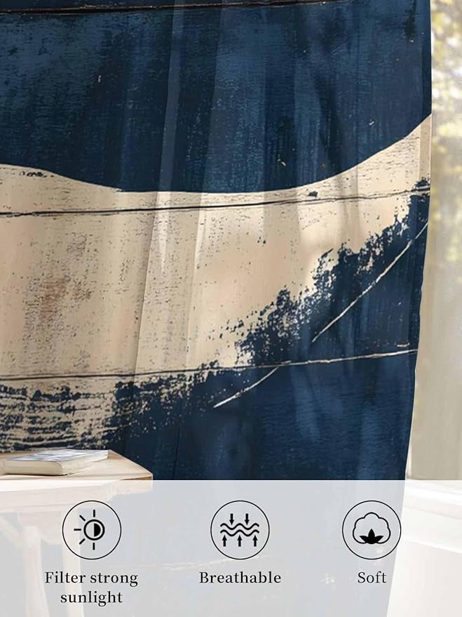 Sheer Curtains 54 Inch Length, Ocean Whale Blue Semi Sheer Curtains Light Filtering Window Treatment, Summer Coastal Vintage Wood Grain Privacy Voile Drapes for Living Room Bedroom 52x54 Inch