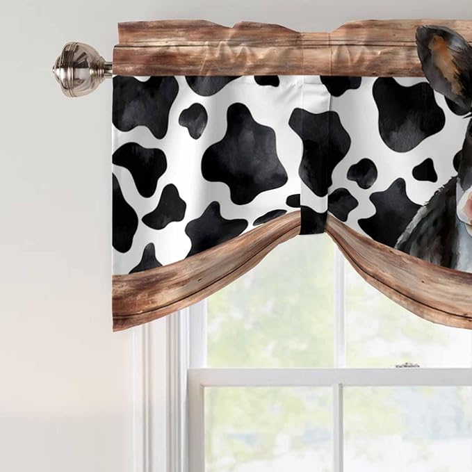 Cow Printed Tie Up Valance Curtains for Windows, Kitchen Curtains Window Shades, Farmhouse Watercolor Country Wooden Grain Light Filtering Roman Curtain Valances for Bedroom/Bathroom/Cafe 42"x18"