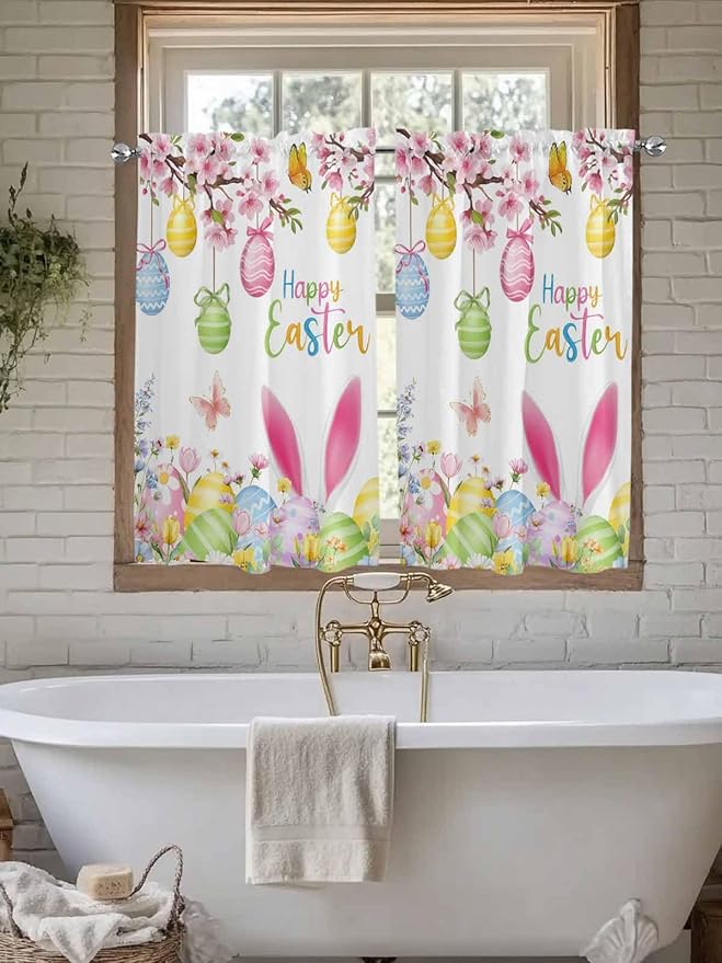Happy Easter Kitchen Curtains 54 Inches Length, Spring Watercolor Bunny Eggs Flower Branch Window Treatment Curtain Drapes, Decorative Window Curtains for Bedroom Cafe, 52"x54", 2 Panels
