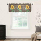 Summer Sunflower Sheer Valance Curtains, Yellow Floral Plants Bees Brown Wood Grain Light Filtering Kitchen Valances Rod Pocket Voile Curtain Window Treatment for Bedroom/Living Room/Basement 42Wx18L