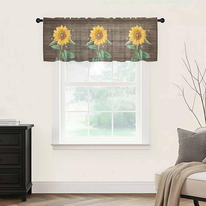 Summer Sunflower Sheer Valance Curtains, Yellow Floral Plants Bees Brown Wood Grain Light Filtering Kitchen Valances Rod Pocket Voile Curtain Window Treatment for Bedroom/Living Room/Basement 60Wx18L