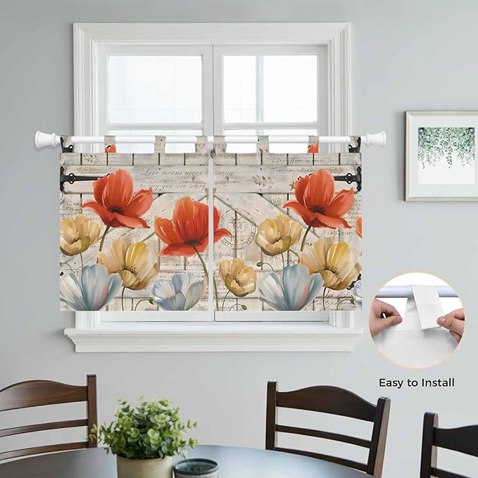 Retro Floral Kitchen Curtains 24 Inch Length, Small Window Curtains Tab Top, Red Yellow Tulips Barm Doors Farmhouse Wooden Light Filtering Short Window Treatments Tier Drapes 27.5"x24" 2 Panel