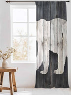 Sheer Curtains 108 Inches Long, White Brown Bear Semi Sheer Curtains Light Filtering Window Treatment, Rustic Counrty Vintage Wood Grain Privacy Voile Drapes for Living Room Bedroom 52x108 Inch