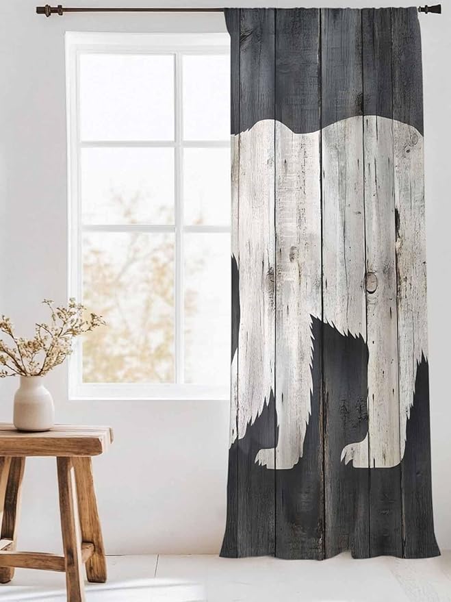 Sheer Curtains 96 Inches Long, White Brown Bear Semi Sheer Curtains Light Filtering Window Treatment, Rustic Counrty Vintage Wood Grain Privacy Voile Drapes for Living Room Bedroom 52x96 Inch