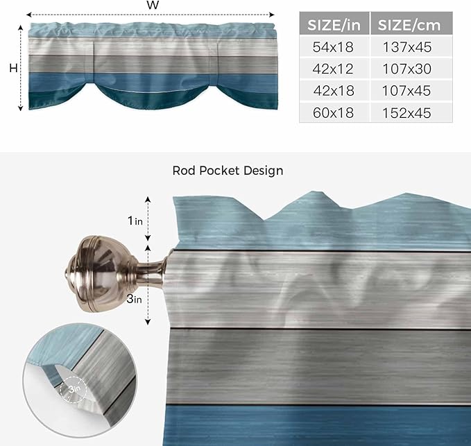 Blue Ombre Wooden Tie Up Valance Curtains for Windows, Kitchen Curtains Window Shades, Farmhouse Retro Wood Gradient Light Filtering Roman Curtain Valances for Bedroom/Bathroom/Cafe 60"x18"
