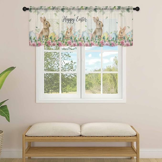 Easter Sheer Valances for Windows 54"x18", Light Filtering Kitchen Curtains Valance, Spring Watercolor Bunny Eggs Flower Leaf Beige Rod Pocket Chiffon Curtains for Living Room Bedroom Cafe