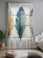 Sheer Curtains 108 Inches Long, Boho Blue Feathers Semi Sheer Curtains Light Filtering Window Treatment, Country Vintage Wooden Grain Privacy Voile Drapes for Living Room Bedroom 52x108 Inch