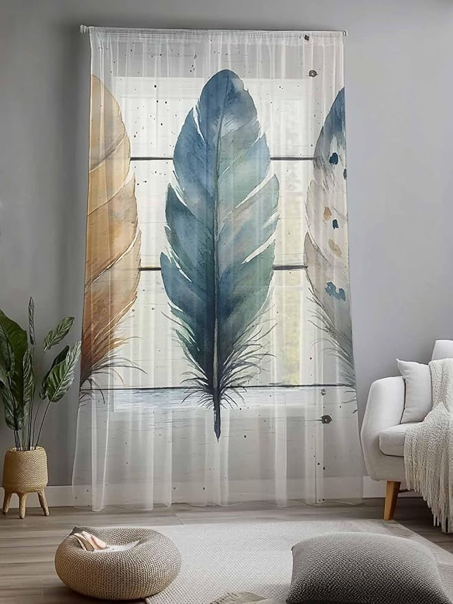 Sheer Curtains 108 Inches Long, Boho Blue Feathers Semi Sheer Curtains Light Filtering Window Treatment, Country Vintage Wooden Grain Privacy Voile Drapes for Living Room Bedroom 52x108 Inch