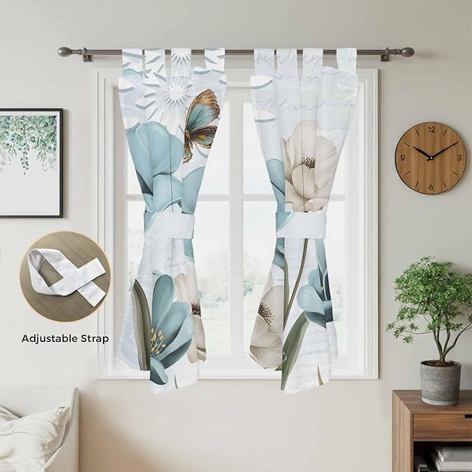 Blue Tulips Bedroom Curtains 72 Inch Length, Window Curtains Tab Top, Watercolor Flowers Butterfly Spring Farmhouse Blue Light Filtering Window Treatments Drapes 52"x72" 2 Panel