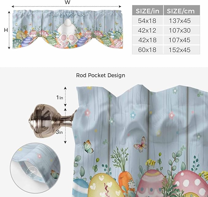 Spring Easter Tie Up Valance Curtains for Windows, Kitchen Curtains Window Shades, Rabbit Ears Foot Colorful Eggs Wooden Plank Light Filtering Roman Curtain Valances for Bedroom/Bathroom/Cafe 54"x18"