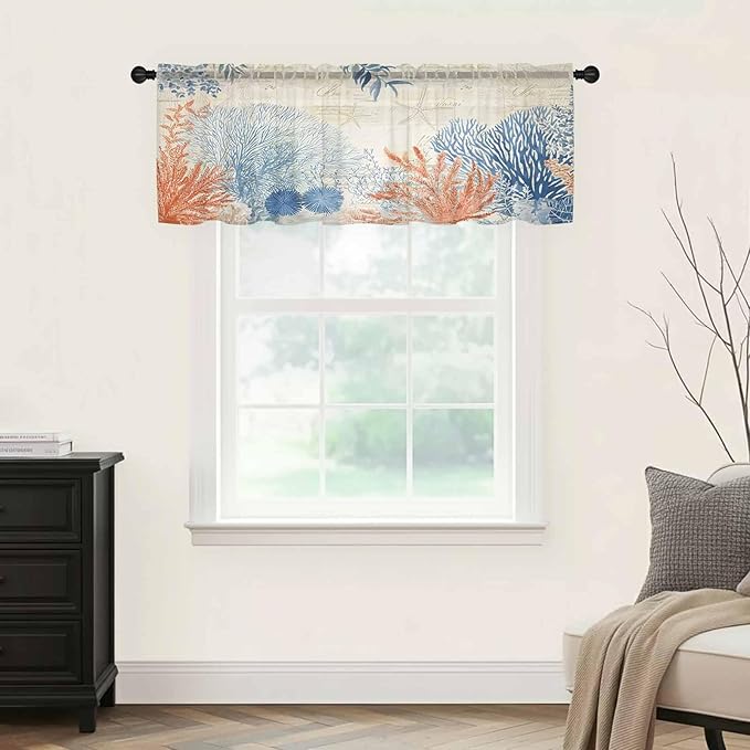 Ocean Corals Sheer Valance Curtains, Summer Beach Coral Sea Stars Retro Texture Light Filtering Kitchen Valances Rod Pocket Voile Curtain Window Treatment for Bedroom/Living Room/Basement 42Wx18L