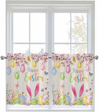 Happy Easter Half Window Curtains 24 Inches Long, Spring Farmhouse Bunny Eggs Flower Beige Window Treatment Curtain Drapes, Short Curtains Tiers for Kitchen Over Sink, 27.5"x24", 2 Panels