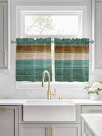 Vintage Plank Turquoise Brown Window Valance Curtains, Farmhouse Wood Grain Light Filtering Kitchen Valance with 3-inch Rod Pocket for Living Room Bathroom Bedroom,2 Panel,27.5x24In