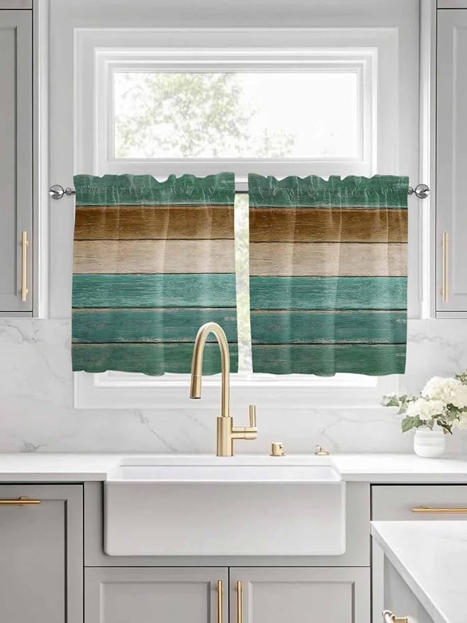 Vintage Plank Turquoise Brown Window Valance Curtains, Farmhouse Wood Grain Light Filtering Kitchen Valance with 3-inch Rod Pocket for Living Room Bathroom Bedroom,2 Panel,27.5x36In