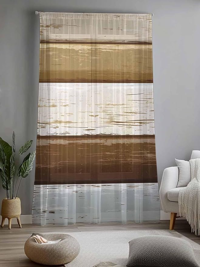 Sheer Curtains 108 Inches Long, Wood Grain Brown Semi Sheer Curtains Light Filtering Window Treatment, Farmhouse Vintage Country Geometric Privacy Voile Drapes for Living Room Bedroom 52x108 Inch