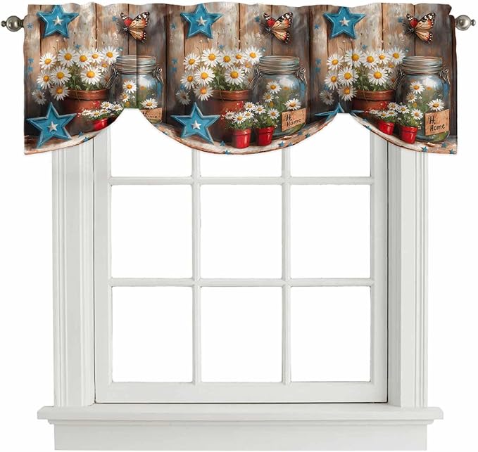 Country Flower Tie Up Valance for Window, Western Texas Star Butterfly Barn Door Adjustable Balloon Window Shade Valance Curtain for Kitchen Cafe Bathroom Window Treatment Panel 54''x18''