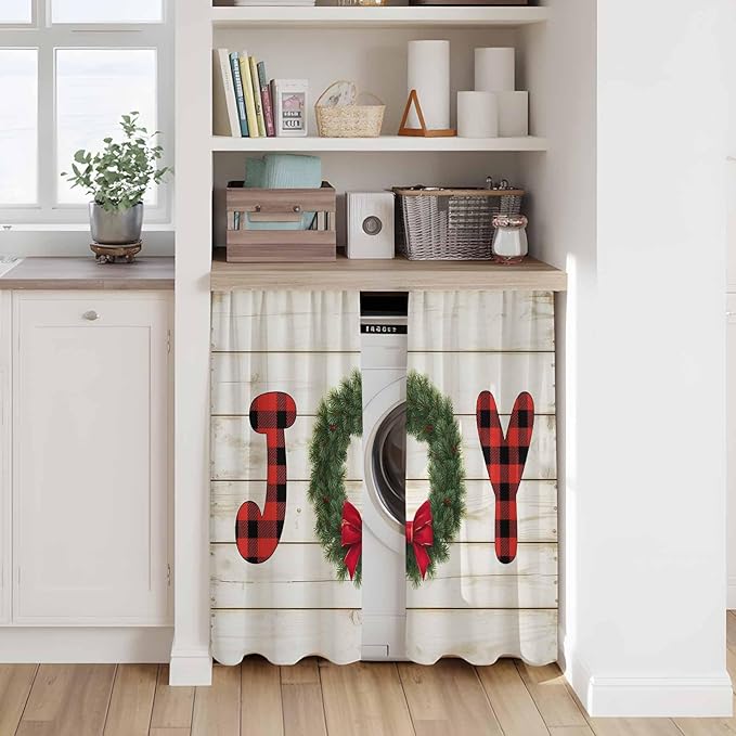 Christmas Wreaths Kitchen Curtains 45 Inch Long 2 Panel Set,Rod Pocket Window Treatment,Winter Bow Plaid Farmhouse Wooden Grain Light Filtering Short Curtains & Drapes for Bathroom Laundry 52"W x 45"L