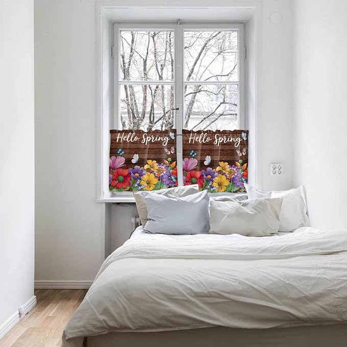 Spring Flowers Half Window Curtains 24 Inches Long, Watercolor Farmhouse Colorful Wooden Grain Window Treatment Curtain Drapes, Short Curtains Tiers for Kitchen Over Sink, 27.5"x24", 2 Panels