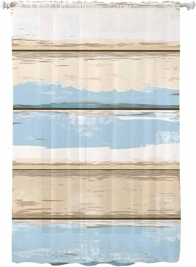 Sheer Curtains 72 Inches Long, Vintage Geometric Blue Semi Sheer Curtains Light Filtering Window Treatment, Abstract Country Shabby Wood Grain Privacy Voile Drapes for Living Room Bedroom 52x72 Inch
