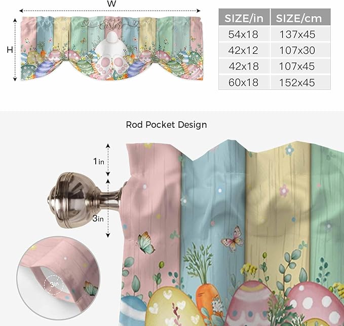 Easter Tie Up Valance Curtains for Windows, Kitchen Curtains Window Shades, Spring Rabbit Ears Foot Eggs Floral Wooden Grain Light Filtering Roman Curtain Valances for Bedroom/Bathroom/Cafe 42"x18"