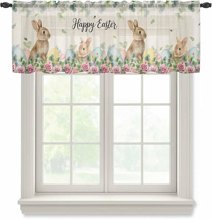 Easter Sheer Valances for Windows 54"x18", Light Filtering Kitchen Curtains Valance, Spring Watercolor Bunny Eggs Flower Leaf Beige Rod Pocket Chiffon Curtains for Living Room Bedroom Cafe