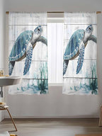 Sheer Curtains 63 Inch Length, Teal Green Sea Turtle Semi Sheer Curtains Light Filtering Window Treatment, Summer Ocean Vintage Wood Grain Privacy Voile Drapes for Living Room Bedroom 52x63 Inch