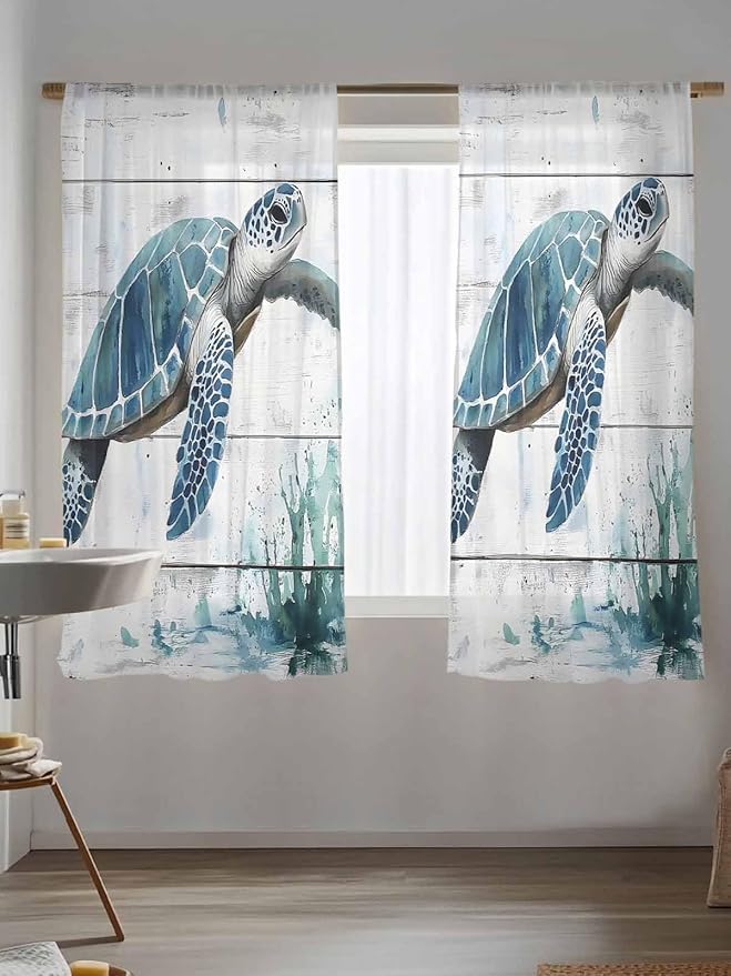 Sheer Curtains 72 Inches Long, Teal Green Sea Turtle Semi Sheer Curtains Light Filtering Window Treatment, Summer Ocean Vintage Wood Grain Privacy Voile Drapes for Living Room Bedroom 52x72 Inch