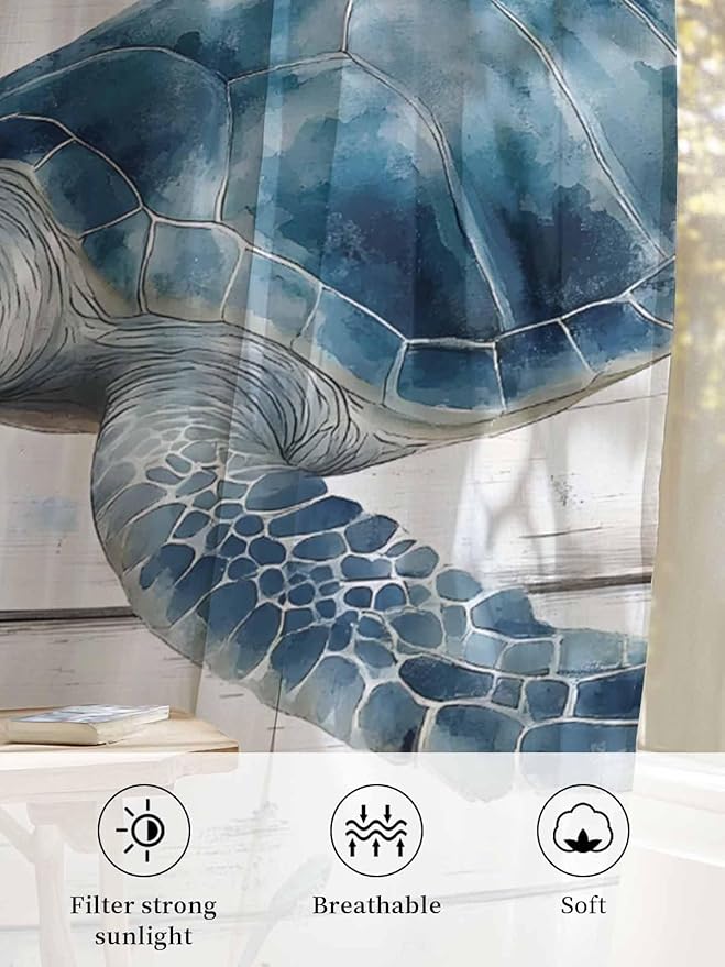 Sheer Curtains 84 Inches Long, Ocean Sea Turtle Semi Sheer Curtains Light Filtering Window Treatment, Coastal Seaweed Vintage Wood Grain Privacy Voile Drapes for Living Room Bedroom 52x84 Inch