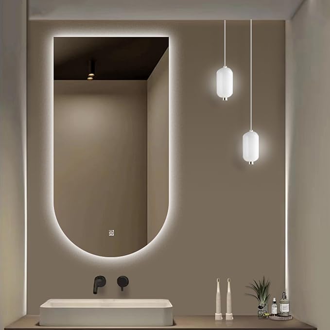 Wall Mirror Arched Bathroom Mirrors, 3-Color Lighted Bathroom Makeup Mounted Mirror, with Demister Pad, Dimming Function for Bathroom Living Room Bedroom Entryway(19.6"x31.9"/50x80cm)