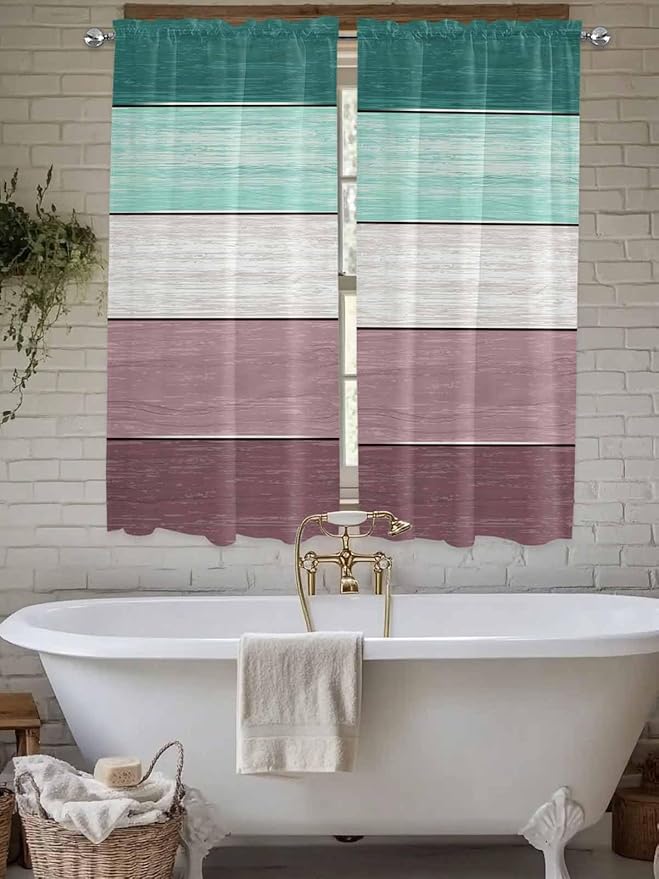 Retro Farm Woodcuts Texture Window Valance Curtains, Green Brown Gradient Light Filtering Kitchen Valance with 3-inch Rod Pocket for Living Room Bathroom Bedroom,2 Panel,52x72In
