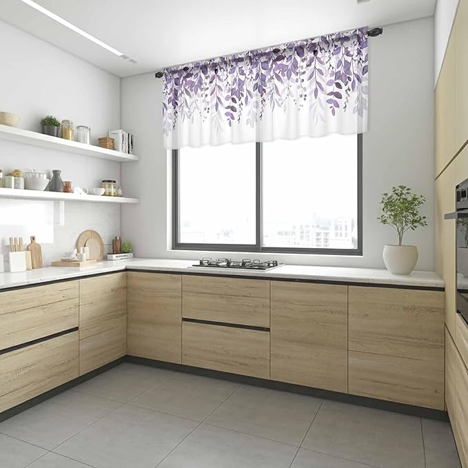 Eucalyptus Leaves Sheer Valance Curtains, Purple Leaves Idyllic Winds Farmhouses Light Filtering Kitchen Valances Rod Pocket Voile Curtain Window Treatment for Bedroom/Living Room/Basement 42Wx12L