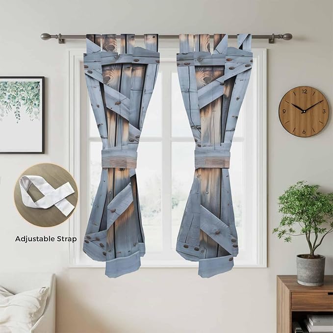 Farmhouse Wood Grain Bathroom Curtains 63 Inch Length, Window Curtains Tab Top, Vintage Country Barn Gate Textured Light Filtering Window Treatments Drapes 52"x63" 2 Panel
